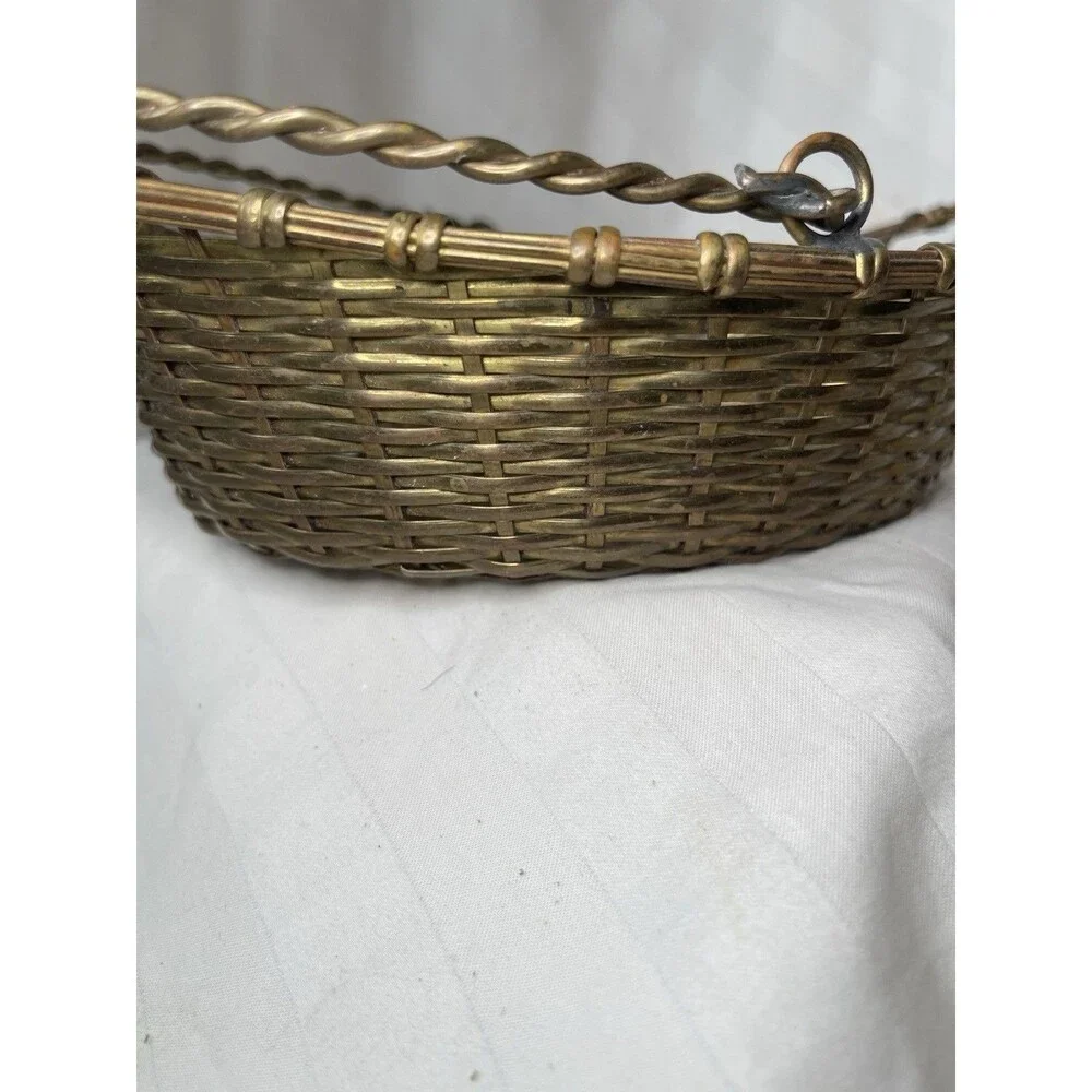 Oval Brass Metal Wire Woven Basket w/ Handle, Made in India, 11in long
